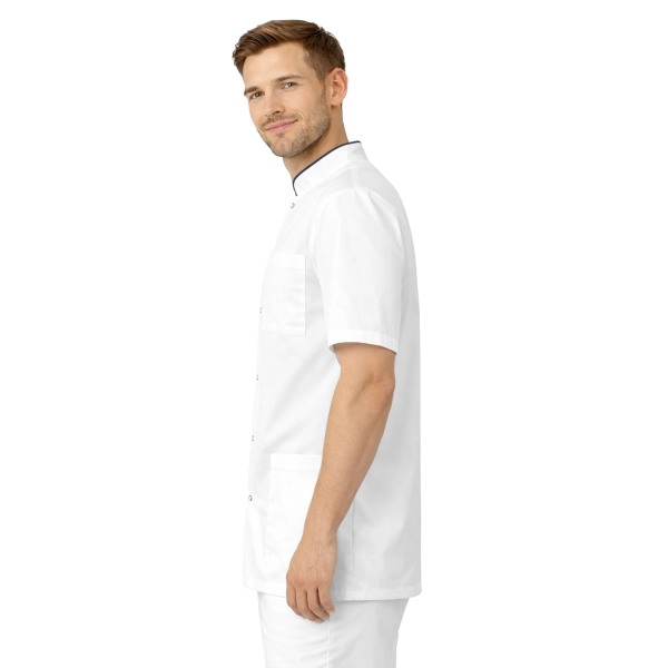 Bluza medyczna męska ze stójką biała ze stójką granatową krótki rękaw roz.3XL